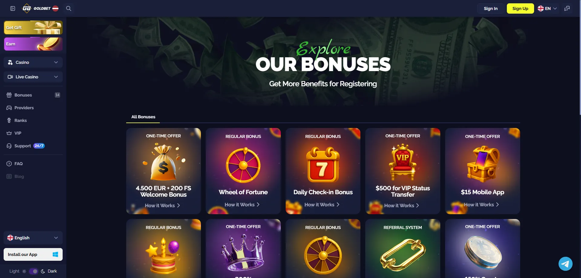 Goldbet Casino бонус до €4500 + 200 Free Spins за нови играчи